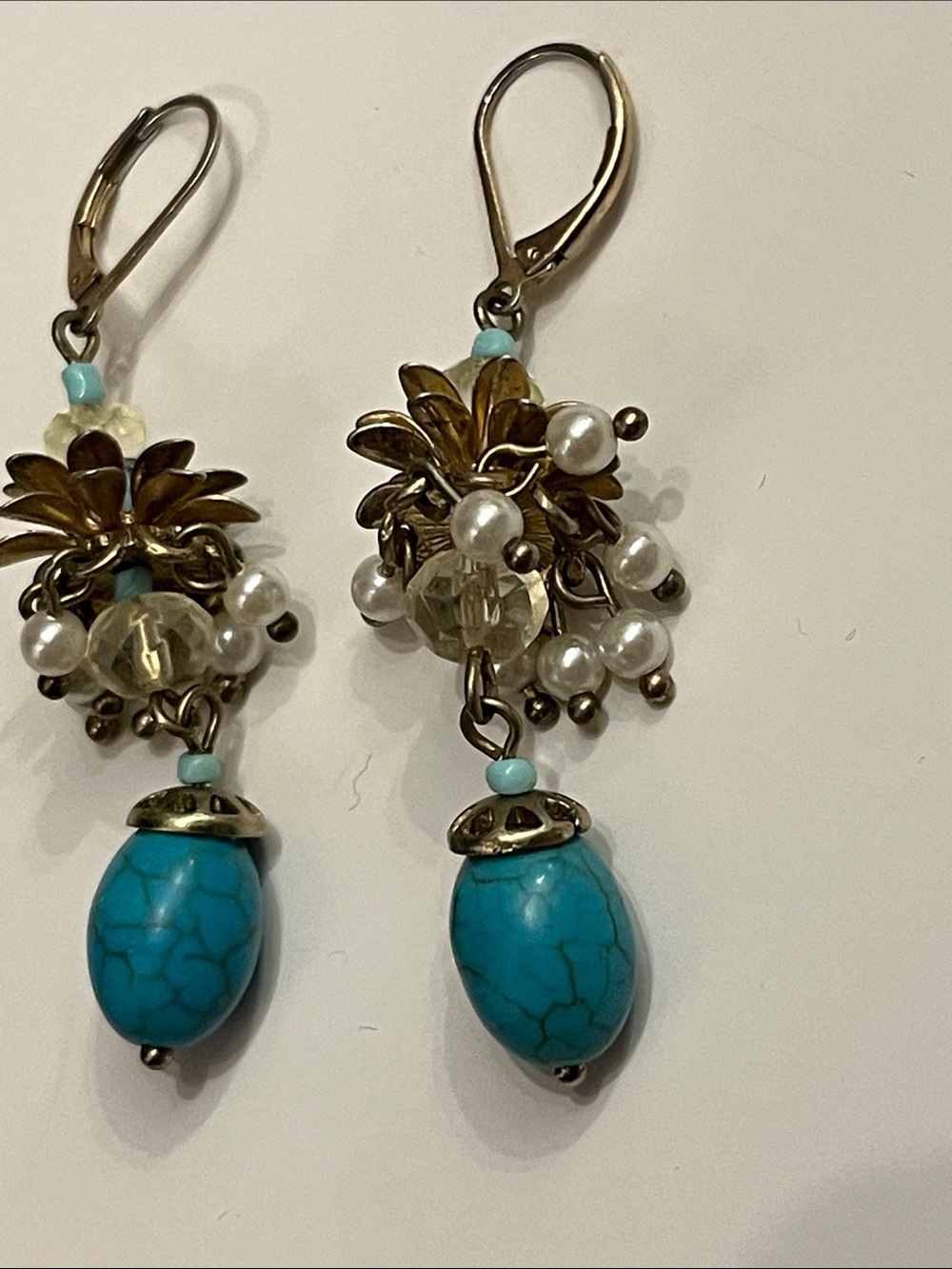 Talbots Turquoise Cluster Drop Earrings with Faux Pearls and Crystal Beads - Picture 6 of 12